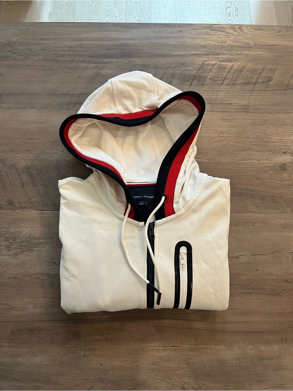 Tommy Hilfiger White Hooded Zip Sweater with Red & Navy Trim